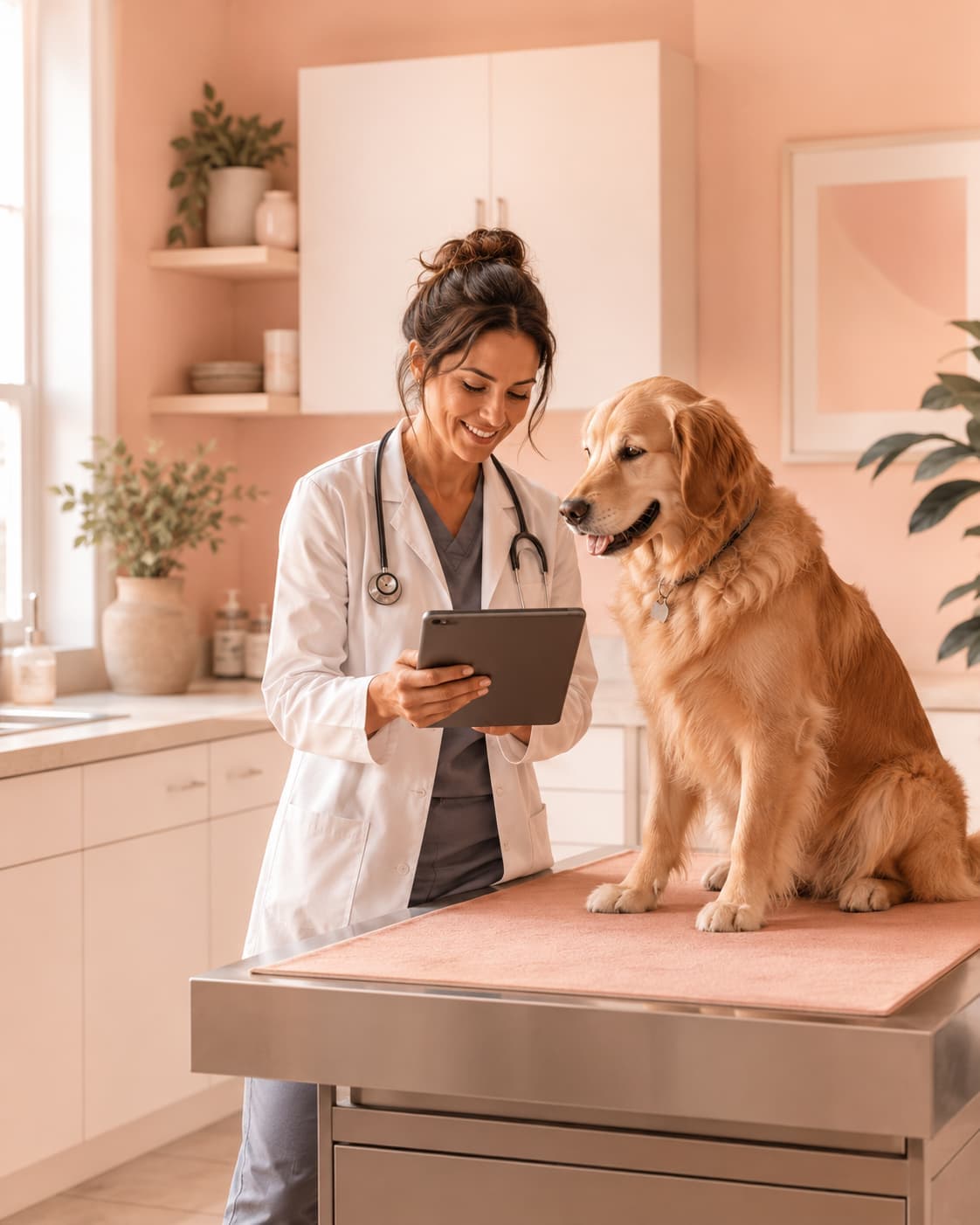 Dr. Patel reviewing a golden retriever's chart on a tablet during an exam