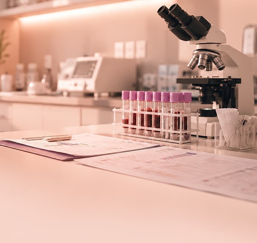 A veterinary lab bench with a microscope and sample tubes