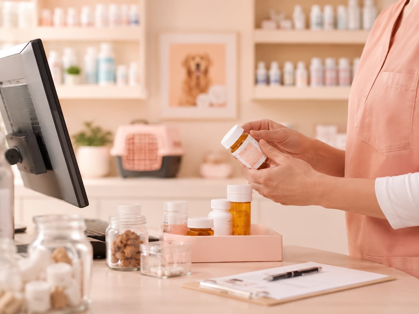 A technician handing over a prescription bottle at the clinic pharmacy