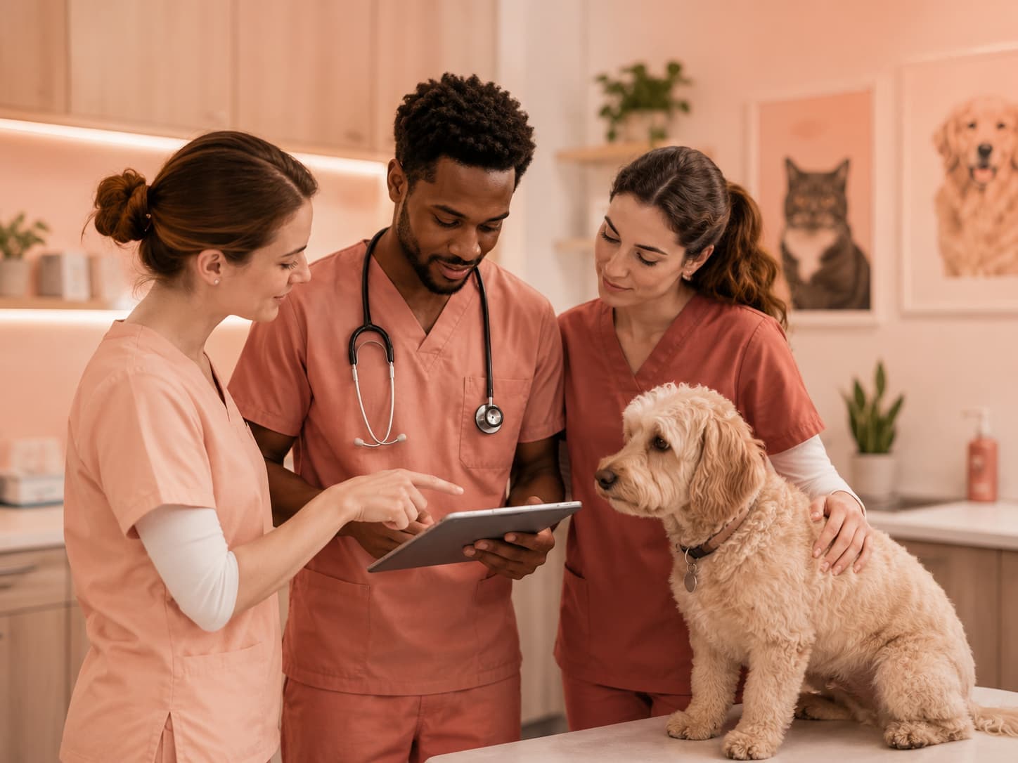Three clinic staff reviewing the day's schedule together with a dog