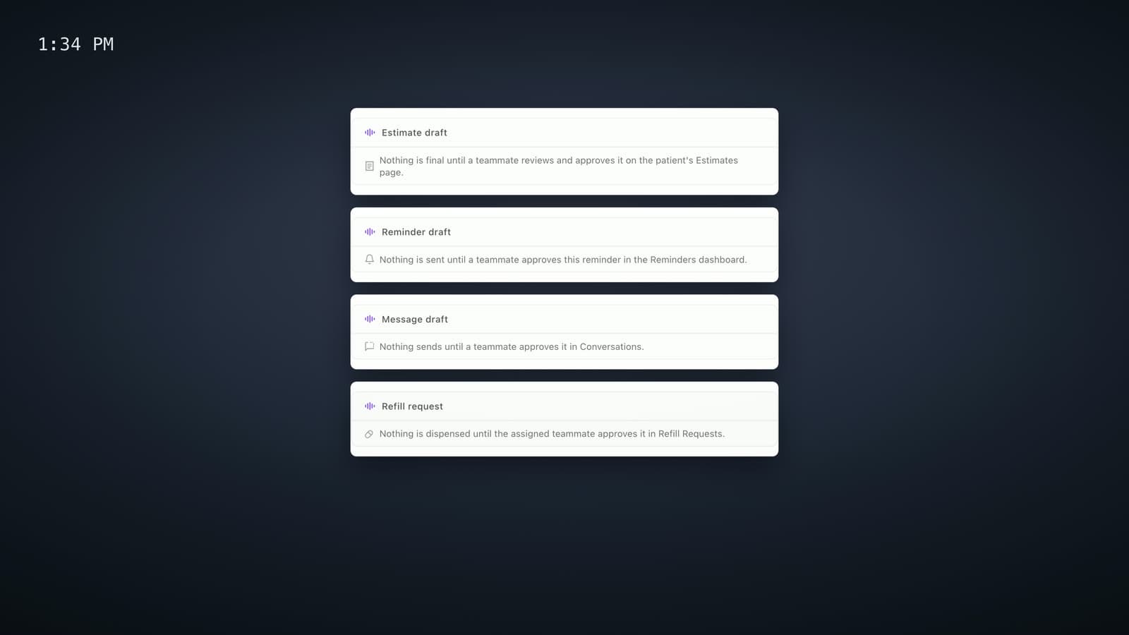 Four drafts written by Sage — an estimate, a reminder, a client message and a refill request — each showing that it will not be sent until a teammate approves it