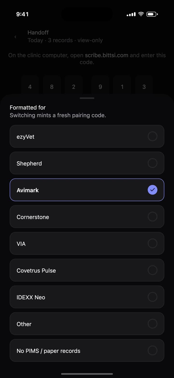 Bittsi Scribe app: the Formatted for sheet listing ezyVet, Shepherd, Avimark (selected), Cornerstone, VIA, Covetrus Pulse, IDEXX Neo, Other and No PIMS or paper records