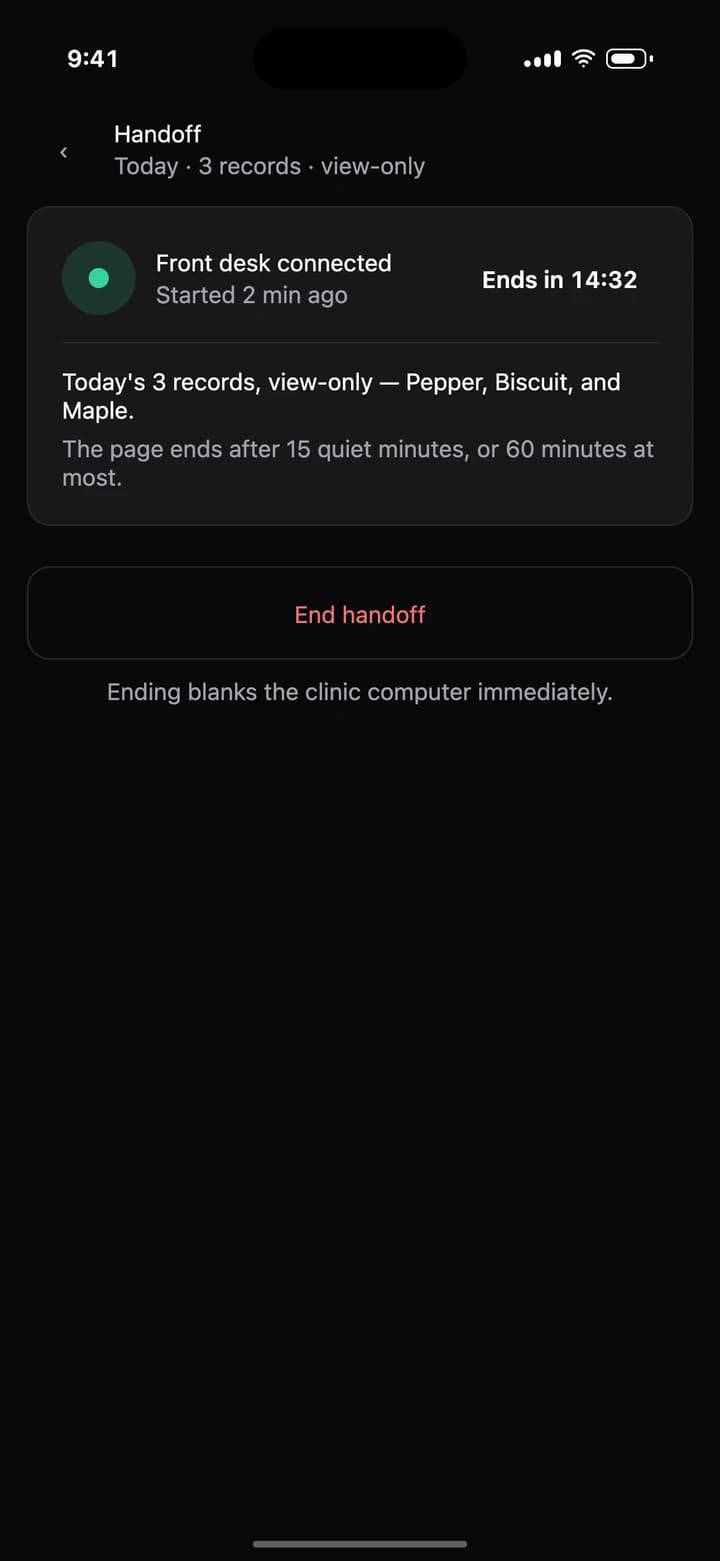 Bittsi Scribe app: Front desk connected, ends in 14:32, today's 3 records view-only, and an End handoff button