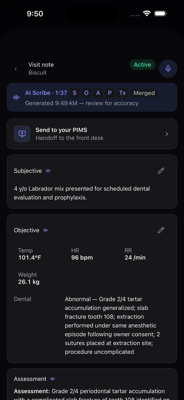 Bittsi Scribe app showing a finished SOAP note with Subjective, Objective vitals and Assessment, and a Send to your PIMS row