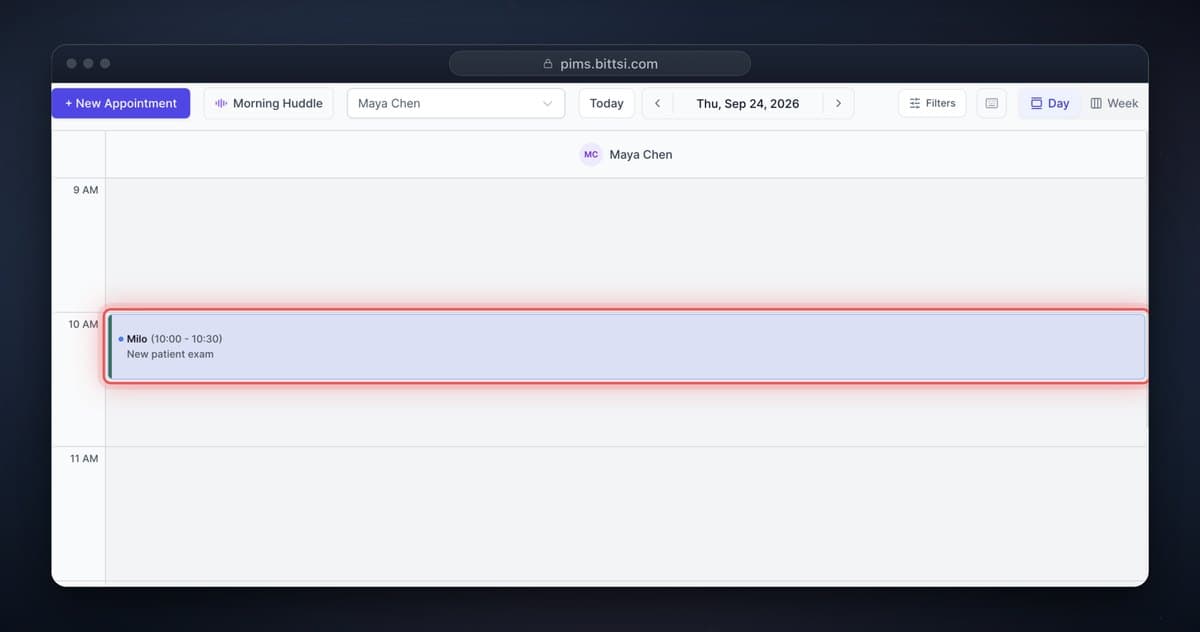 Bittsi’s calendar on opening day, with Milo’s 10:00 new patient exam