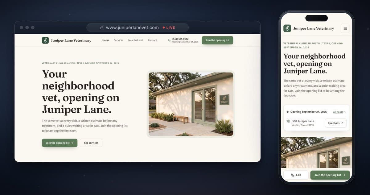 The demo clinic’s website, live on desktop and phone