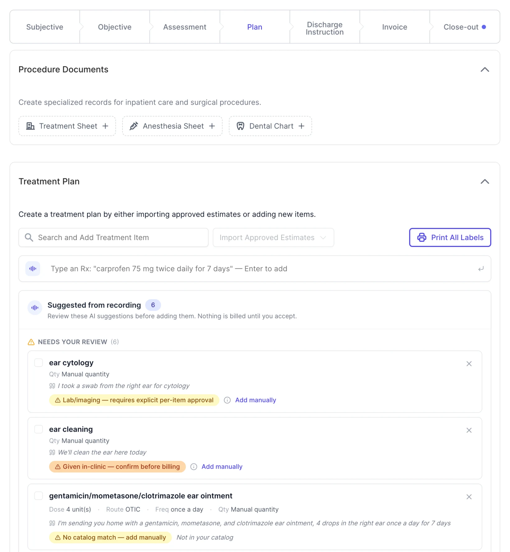 Bittsi veterinary PIMS, the Plan tab of a sick visit: the AI scribe's suggestions from the recorded consult, each quoting the veterinarian's words and waiting for approval